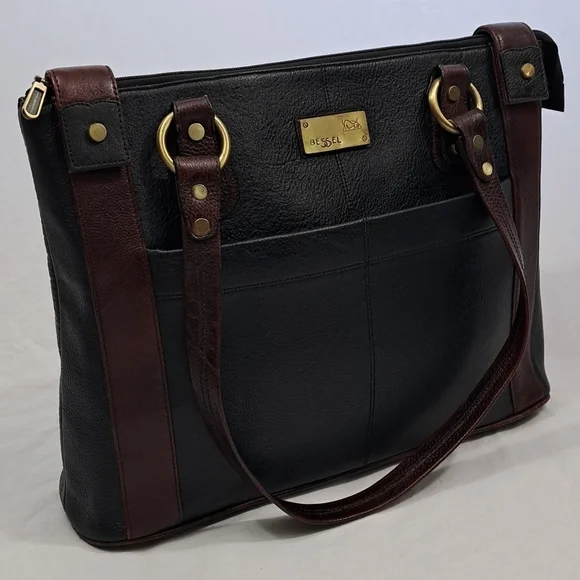 BESSEL Black & Brown Genuine Leather Shoulder Bag – Multi-Pocket, Brass Hardware - Picture 1 of 11